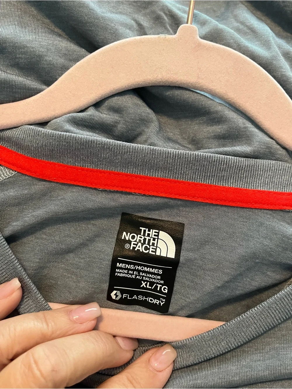 The North Face Gray Raglan Tee with Dark Charcoal Sleeves and Red Logo